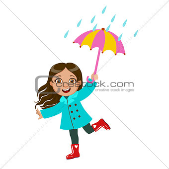 Girl Dancing Under Raindrops With Umbrella, Kid In Autumn Clothes In Fall Season Enjoyingn Rain And Rainy Weather, Splashes And Puddles