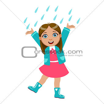 Girl Dancing Under Raindrops, Kid In Autumn Clothes In Fall Season Enjoyingn Rain And Rainy Weather, Splashes And Puddles