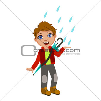 Boy In Red Jacket Catching Raindrops, Kid In Autumn Clothes In Fall Season Enjoyingn Rain And Rainy Weather, Splashes And Puddles