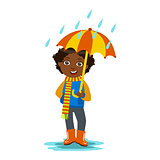 Boy With Open Umbrella Standing Under Raindrops, Kid In Autumn Clothes In Fall Season Enjoyingn Rain And Rainy Weather, Splashes And Puddles