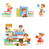 Kids Reading Books And Enjoying Literature Set Of Cute Boys And Girls Loving To Read Sitting And Laying Surrounded With Piles Of Books.