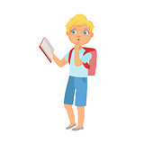 Schoolboy With Backpack Standing Reading A Book, Part Of Kids Loving To Read Vector Illustrations Series