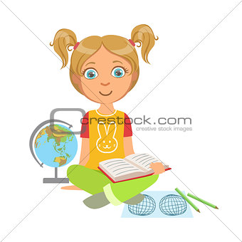 Girl Reading A Geography Book, Part Of Kids Loving To Read Vector Illustrations Series