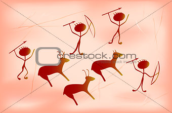 Stylization for prehistoric primitive painting depicting fortunate ancient hunters and animals. EPS10 vector illustration.