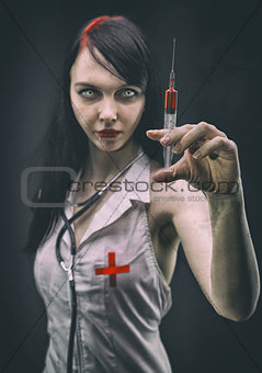 Monster nurse with syringe, horror style