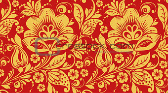 Red and gold hohloma seamless pattern texture