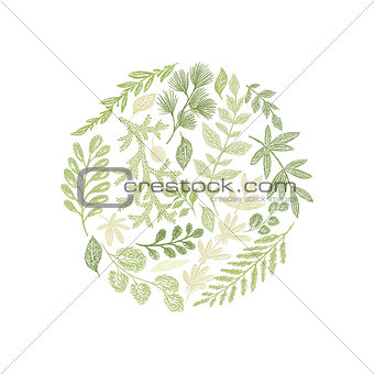 Round green floral hand drawn composition