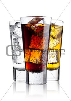 Glasses of energy drink cola and  sparkling water