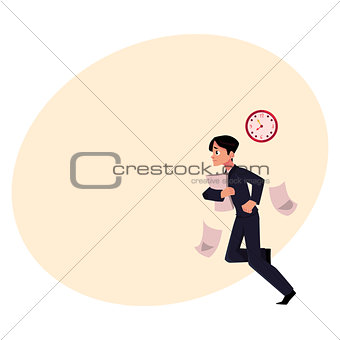 Businessman hurrying to work holding papers, losing documents, being late