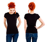 Woman wearing blank black shirt front and back