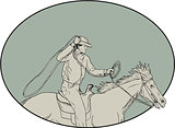 Cowboy Riding Horse Lasso Oval Drawing