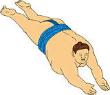 Japanese Sumo Wrestler Diving Drawing