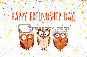 Happy friends enjoying Friendship Day. Vector cartoon hand drawn owls for your design.