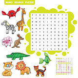 Vector education game for children about animals -Word search puzzle