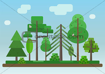 Flat Style Forest on Blue Sky Background