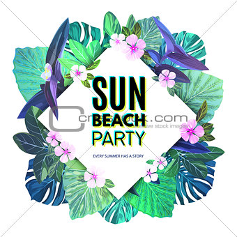 Bright summer tropical background with exotic palm leaves and pink flowers. Jungle vector floral party flyer template.