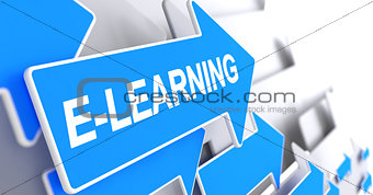 E-Learning - Label on Blue Arrow. 3D.