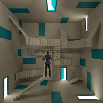Confused businessman in a room full of doors and stairs