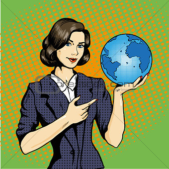 Business lady with planet Earth in hand vector illustration pop art comic
