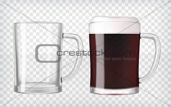 Realistic beer glasses - dark beer and empty mug