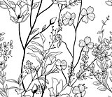 Vector Black Seamless Pattern with Drawn Flowers, Branches, Plants