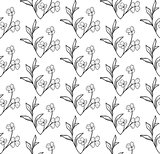 Vector Black Seamless Pattern with Drawn Flowers, Branches, Plants