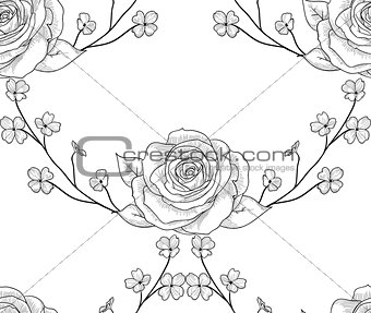 Vector Black Seamless Pattern with Drawn Flowers, Roses with Branches