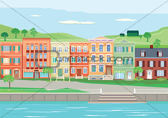 Seamless scene with houses along river illustration