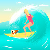 Girl on surfboard with dog.