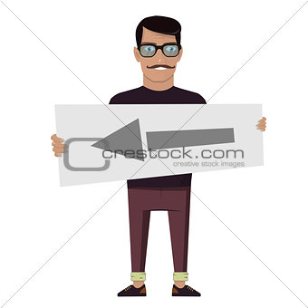 Happy man holding a pointer. Flat vector clip art on white background.