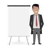 White Board for the business presentation and cartoon man in the suit.