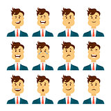 Set of male facial emotions. Bearded man emoji character with different expressions. Vector illustration in cartoon style