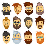 Hipster barbershop cartoon european people with beards moustaches and various stylish haircuts on white background isolated vector illustration