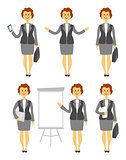 Cartoon woman character in various poses business lady images set with arms folded across her chest vector illustration