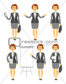 Cartoon woman character in various poses business lady images set with arms folded across her chest vector illustration