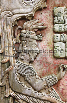 Bas-relief carving with of a Mayan king in ancient city, Palenqu