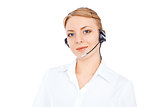 Support phone operator in headset, blonde girl solated