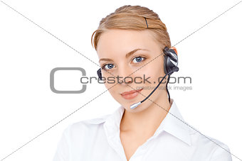 Support phone operator in headset, blonde girl solated