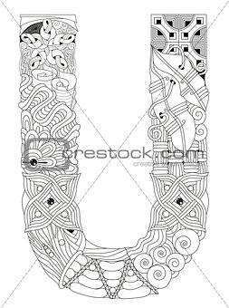 Letter U for coloring. Vector decorative zentangle object