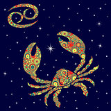 Zodiac sign Cancer with variegated flowers fill over starry sky