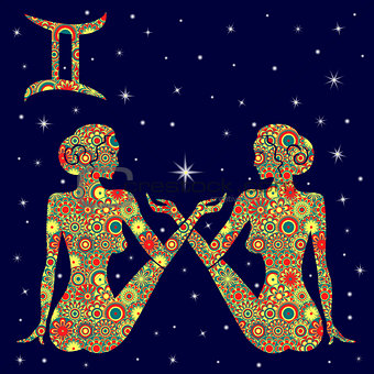 Zodiac sign Gemini with variegated flowers fill over starry sky