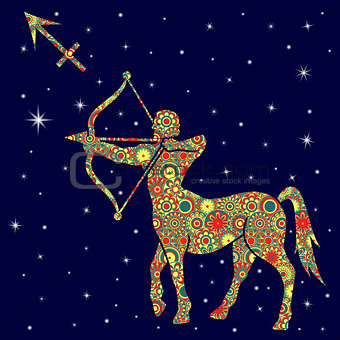 Zodiac sign Sagittarius with variegated flowers fill over starry