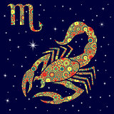 Zodiac sign Scorpio with variegated flowers fill over starry sky