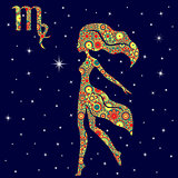 Zodiac sign Virgo with variegated flowers fill over starry sky