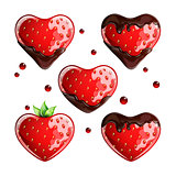 Set of fresh strawberries with chocolate on white background.