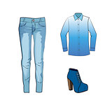 Fashion set with jeans trousers, gradient blouse and blue ankle boots