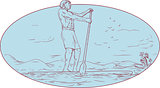 Guy Stand Up Paddle Tropical Island Oval Drawing