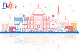 Outline Delhi Skyline with Color Buildings and Reflections.
