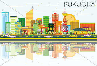 Abstract Fukuoka Skyline with Color Buildings, Blue Sky and Refl