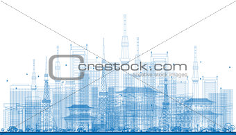 Outline City Skyscrapers and Tv Towers in Blue Color. 
